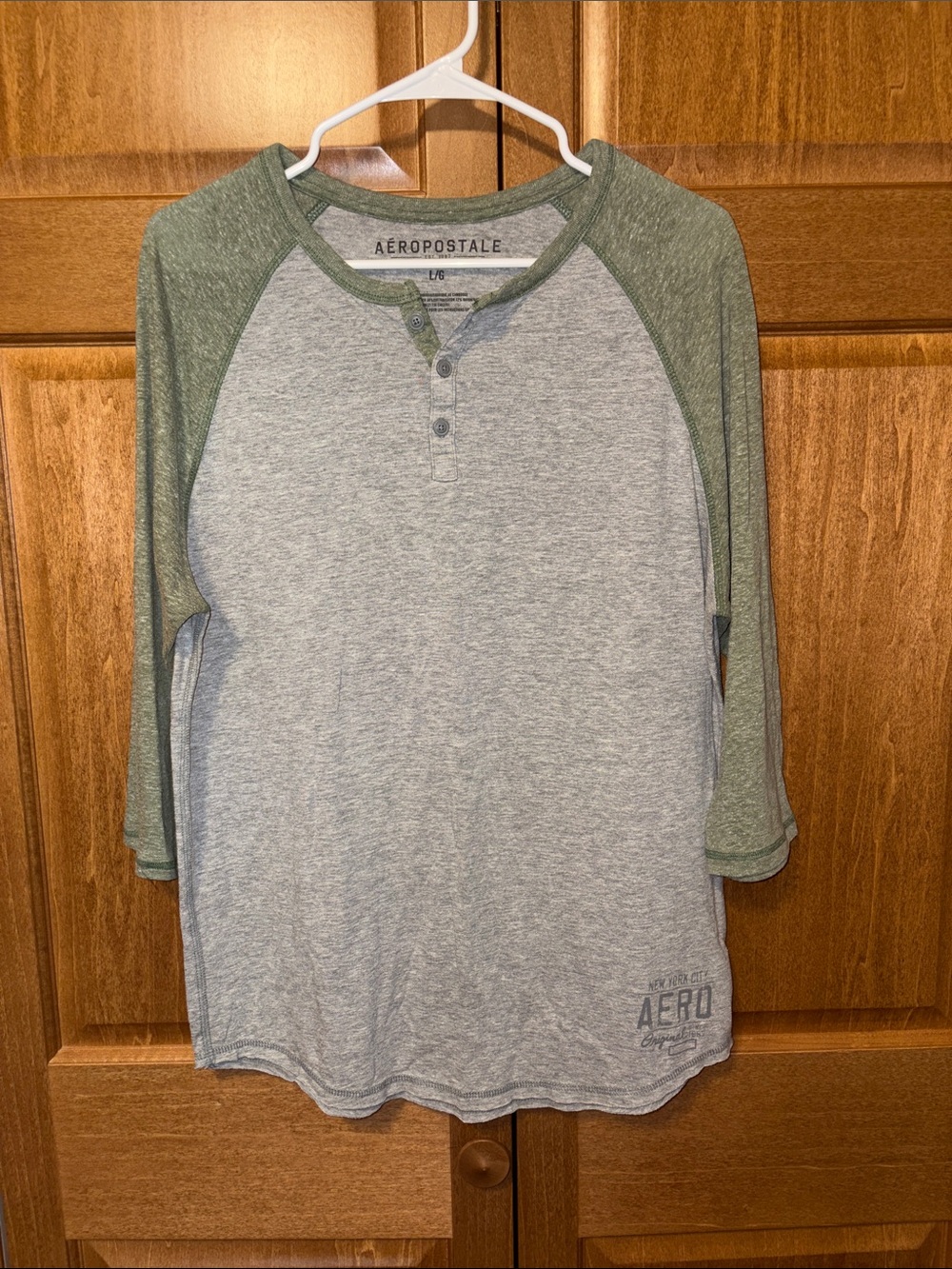 Aeropostale Grey Henley with Green Raglan 3/4 Sleeves